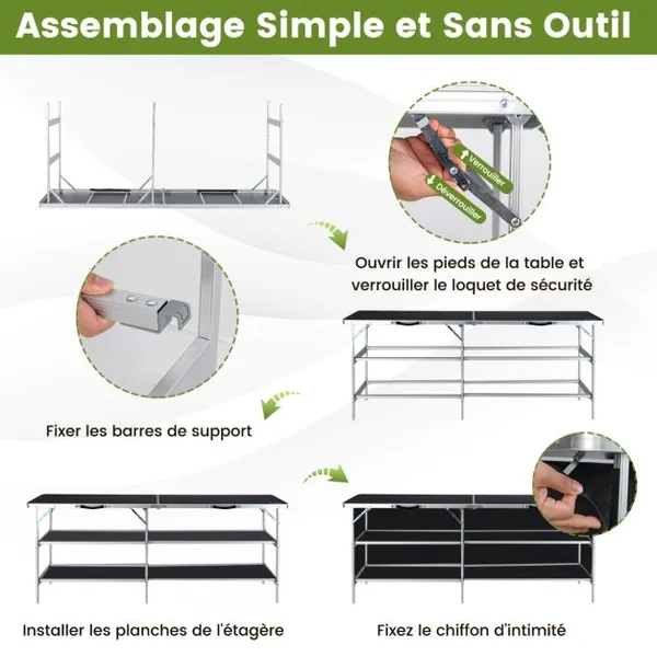 Table de Camping Pliante à 2 Niveaux Table de Pique-Nique en Aluminium avec Plateau Sac de Transport Charge Total 120KG 206x38x83cm Noir