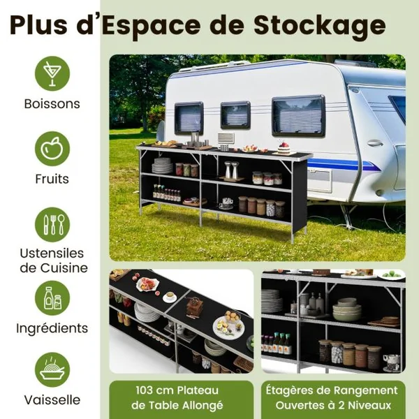 Table de Camping Pliante à 2 Niveaux Table de Pique-Nique en Aluminium avec Plateau Sac de Transport Charge Total 120KG 206x38x83cm Noir