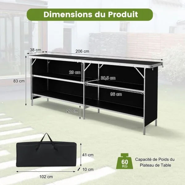 Table de Camping Pliante à 2 Niveaux Table de Pique-Nique en Aluminium avec Plateau Sac de Transport Charge Total 120KG 206x38x83cm Noir