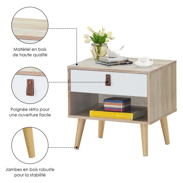 Table de Chevet avec 1 Tiroir et 1 Étagère Ouverte Table de Nuit Moderne Capacité 15 Kg en Mdf 50x39x48,5cm Naturel