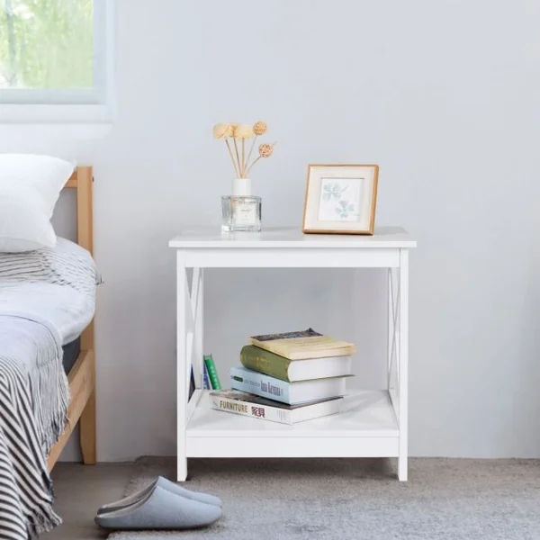 Table de Chevet avec 2 Etagères de Rangement 48 x 45 x 48CM Cadre en Forme de X Blanc