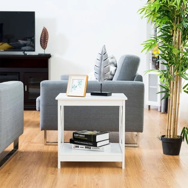 Table de Chevet avec 2 Etagères de Rangement 48 x 45 x 48CM Cadre en Forme de X Blanc