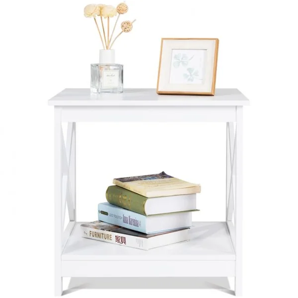 Table de Chevet avec 2 Etagères de Rangement 48 x 45 x 48CM Cadre en Forme de X Blanc