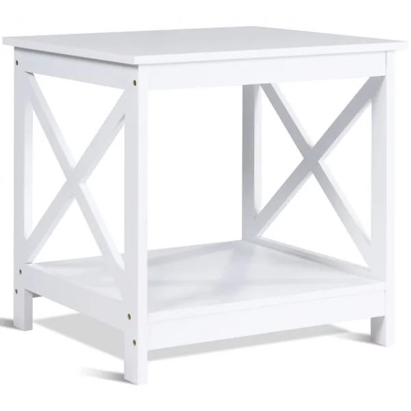 Table de Chevet avec 2 Etagères de Rangement 48 x 45 x 48CM Cadre en Forme de X Blanc