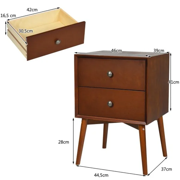 Table de Chevet avec 2 Tiroirs 45 x 37 x 67 cm (L x l x H) - Pieds en Bois de Caoutchouc pour Chambre Brun