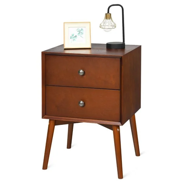 Table de Chevet avec 2 Tiroirs 45 x 37 x 67 cm (L x l x H) - Pieds en Bois de Caoutchouc pour Chambre Brun