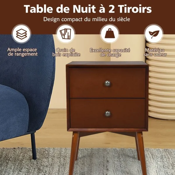 Table de Chevet avec 2 Tiroirs 45 x 37 x 67 cm (L x l x H) - Pieds en Bois de Caoutchouc pour Chambre Brun