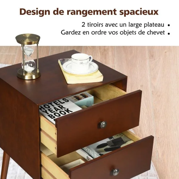 Table de Chevet avec 2 Tiroirs 45 x 37 x 67 cm (L x l x H) - Pieds en Bois de Caoutchouc pour Chambre Brun