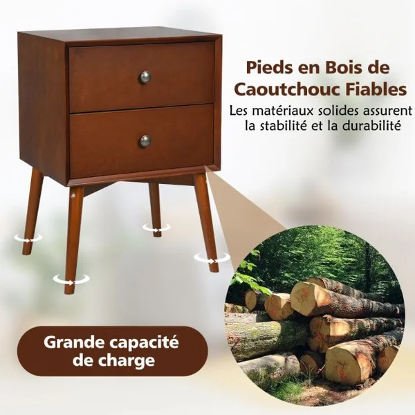 Table de Chevet avec 2 Tiroirs 45 x 37 x 67 cm (L x l x H) - Pieds en Bois de Caoutchouc pour Chambre Brun
