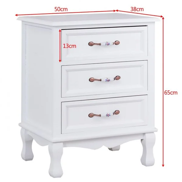 Table de chevet avec 3 tiroirs Meuble de rangement Table de nuit en bois de Paulownia et MDF, 58 x 38 x 65 cm, Blanc