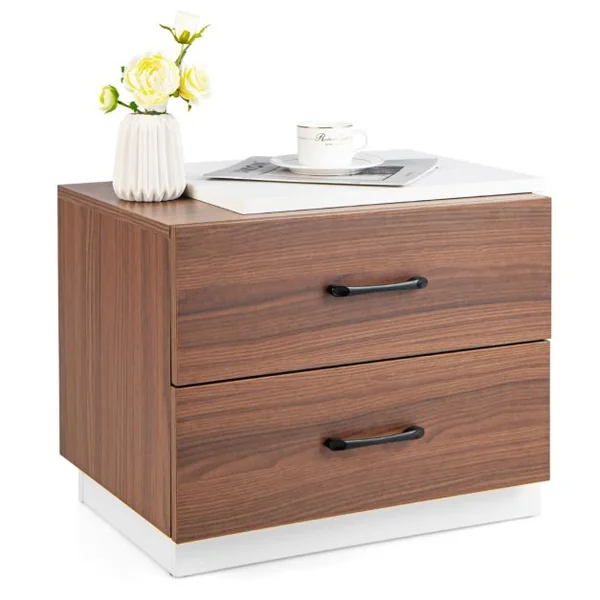 Table de Chevet avec Deux Tiroirs 55 x 40 x 45 cm Table de Nuit Design Bicolore Espace de Rangement Blanc + Noyer