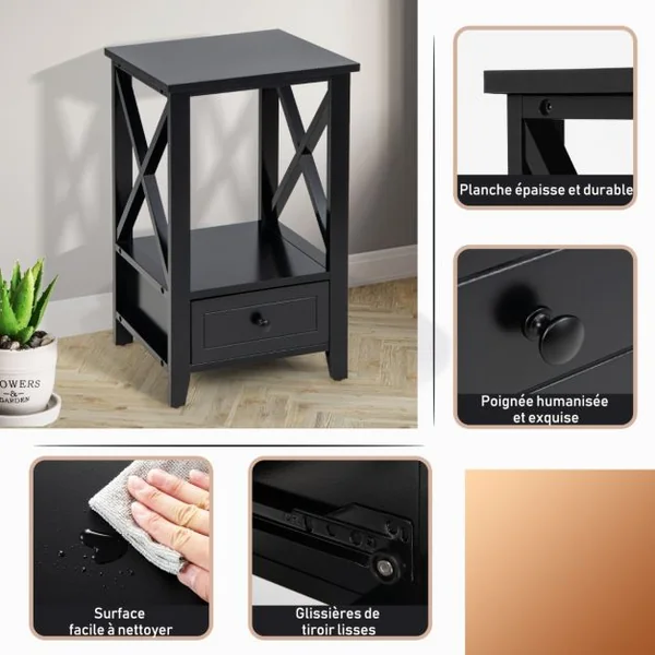 Table de Chevet avec Tiroir Inférieur et Étagère Table de Nuit 40 x 30 x 61,5 cm pour Salon Chambre Bureau Appartement Noir