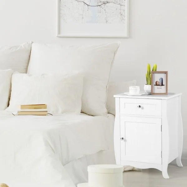 Table de Chevet avec Tiroir Table de Nuit Pieds Incurvés Espace de Rangement pour Chambre Salon Bureau 45x34x60,5cm Blanc