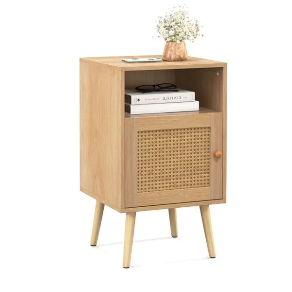 Table de Chevet avec à Porte Cannage et Pieds en Bois Massif Table de Nuit Bohême Fermeture Silencieuse Table d'Appoint ave pour Salon Chambre 40 x 39 x 70 cm