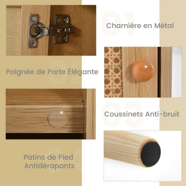 Table de Chevet avec à Porte Cannage et Pieds en Bois Massif Table de Nuit Bohême Fermeture Silencieuse Table d'Appoint ave pour Salon Chambre 40 x 39 x 70 cm
