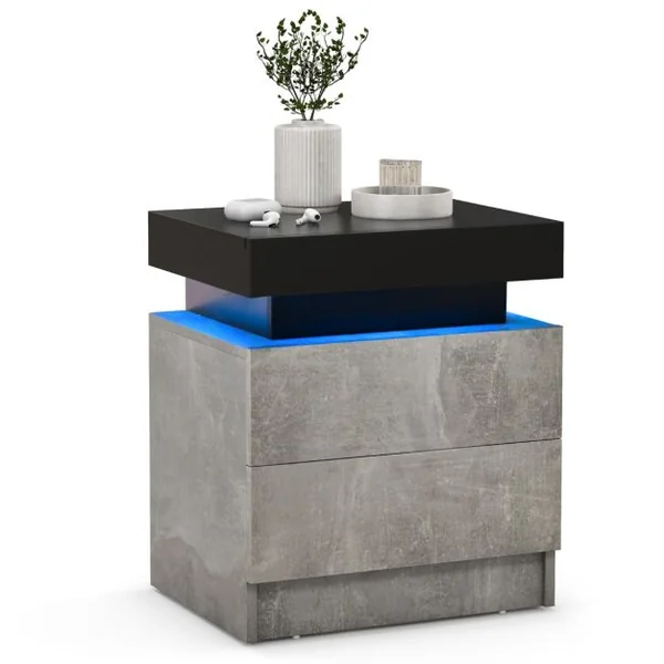 Table de Chevet avec Éclairage LED 20 Couleurs Table de Nuit 2 Tiroirs en Texture Marbre Chevet de Lit pour Chambre Table d’Appoint Noir