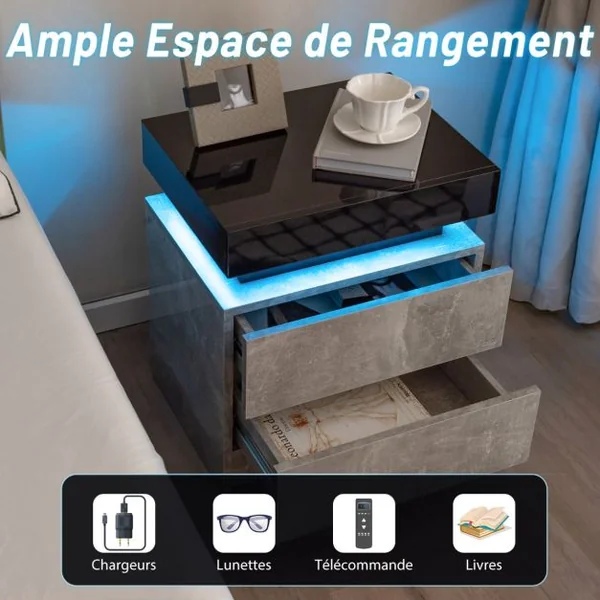 Table de Chevet avec Éclairage LED 20 Couleurs Table de Nuit 2 Tiroirs en Texture Marbre Chevet de Lit pour Chambre Table d’Appoint Noir