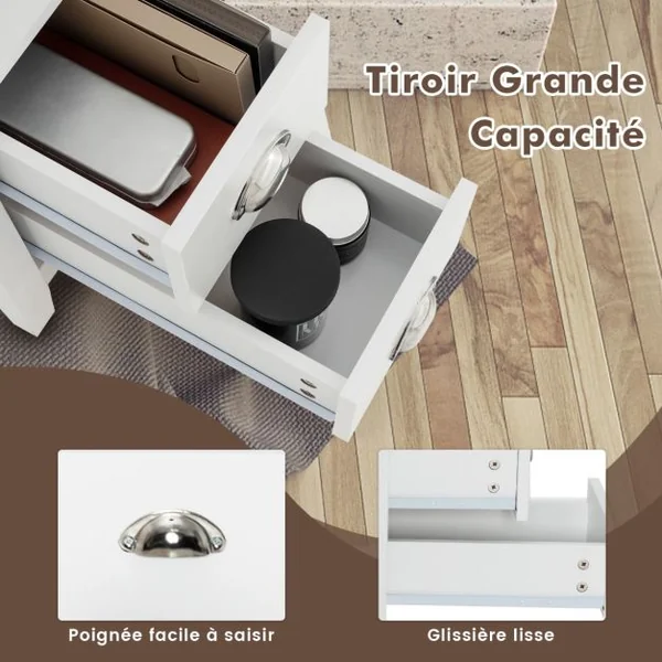 Table de Chevet Bout de Canapé avec 2 Tiroirs et 1 Etagère de Rangement en Bois Blanc