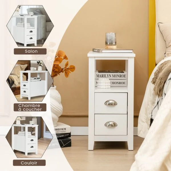Table de Chevet Bout de Canapé avec 2 Tiroirs et 1 Etagère de Rangement en Bois Blanc
