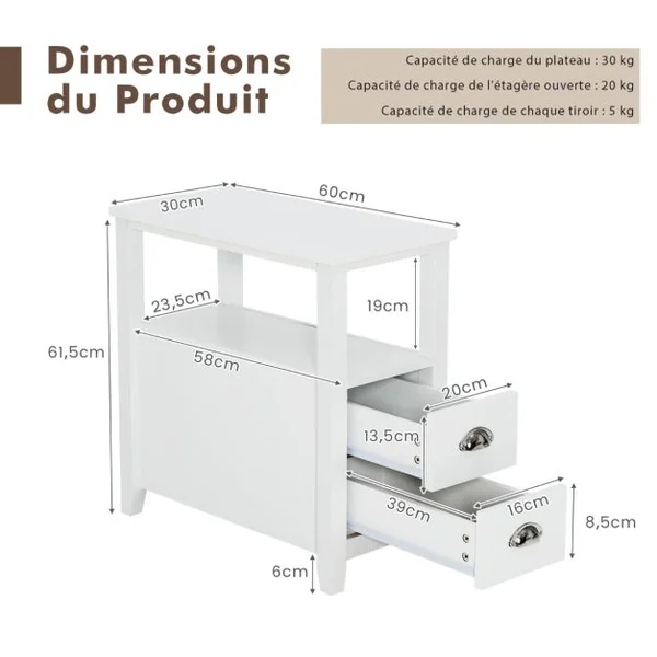 Table de Chevet Bout de Canapé avec 2 Tiroirs et 1 Etagère de Rangement en Bois Blanc