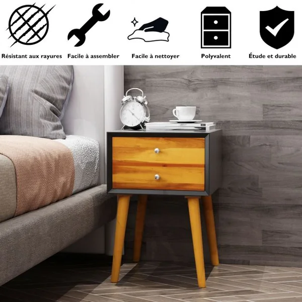Table de Chevet en Bois avec 2 Tiroirs Table d'Appoint style Retro Multi-usages 40 x 40 x 59 cm