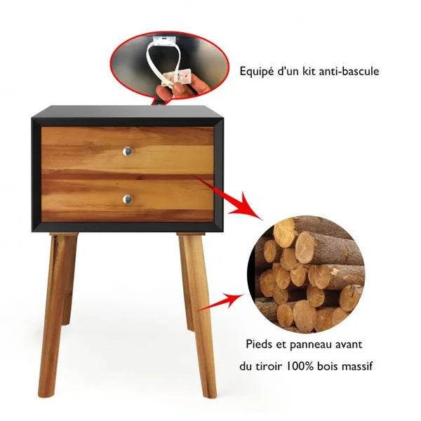 Table de Chevet en Bois avec 2 Tiroirs Table d'Appoint style Retro Multi-usages 40 x 40 x 59 cm