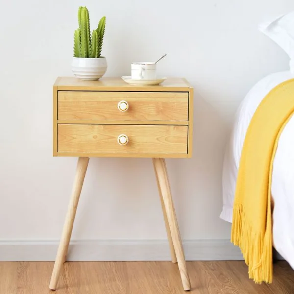 Table de Chevet en Bois satiné laqué de style Scandinave avec 1 tiroir 40 x 30 x 54,5 cm Couleur Naturel