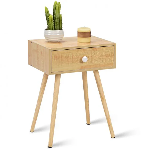 Table de Chevet en Bois satiné laqué de style Scandinave avec 1 tiroir 40 x 30 x 54,5 cm Couleur Naturel
