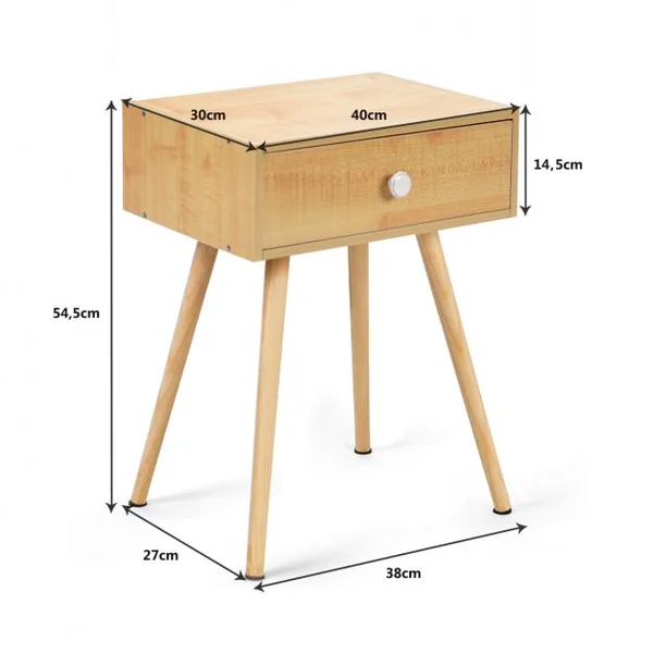 Table de Chevet en Bois satiné laqué de style Scandinave avec 1 tiroir 40 x 30 x 54,5 cm Couleur Naturel