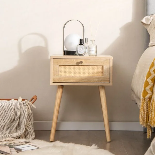Table de Chevet en Rotin Table de Nuit Bois avec Tiroir et 4 Pieds en Pin Chevet de Lit pour Chambre Salon Style Naturel 40 x 40 x 55 cm
