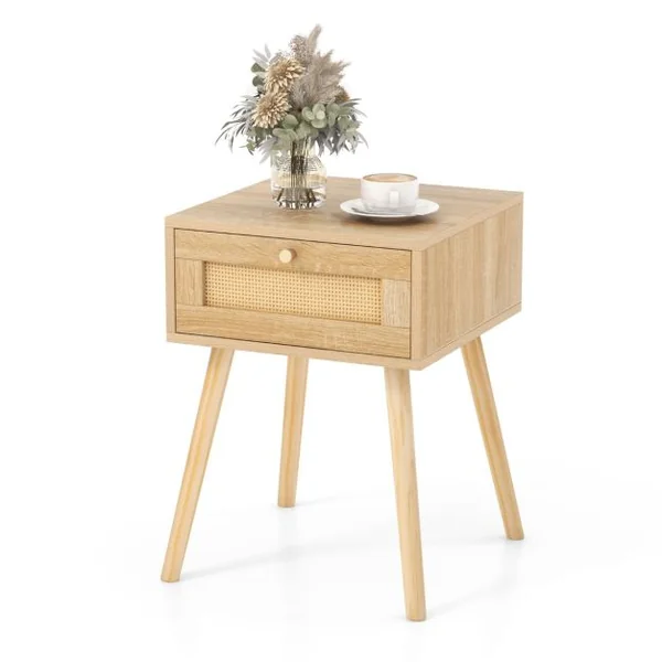Table de Chevet en Rotin Table de Nuit Bois avec Tiroir et 4 Pieds en Pin Chevet de Lit pour Chambre Salon Style Naturel 40 x 40 x 55 cm