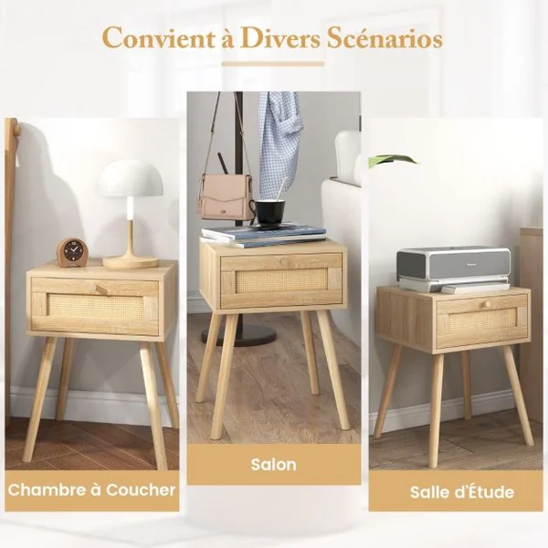 Table de Chevet en Rotin Table de Nuit Bois avec Tiroir et 4 Pieds en Pin Chevet de Lit pour Chambre Salon Style Naturel 40 x 40 x 55 cm