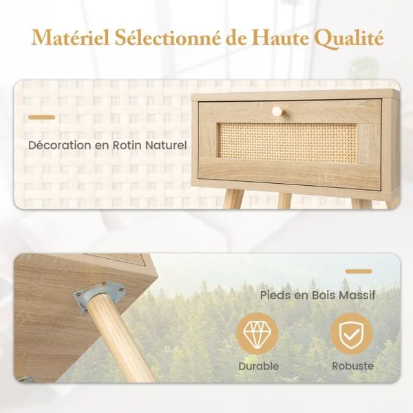 Table de Chevet en Rotin Table de Nuit Bois avec Tiroir et 4 Pieds en Pin Chevet de Lit pour Chambre Salon Style Naturel 40 x 40 x 55 cm
