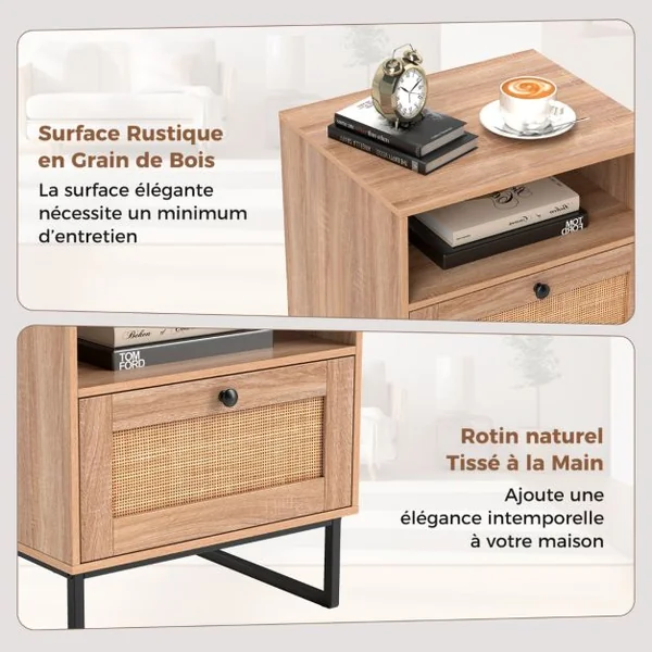 Table de Chevet en Rotin Table de Nuit Moderne du Milieu du Siècle avec Tiroir de Rangement et Compartiment Ouvert Naturel