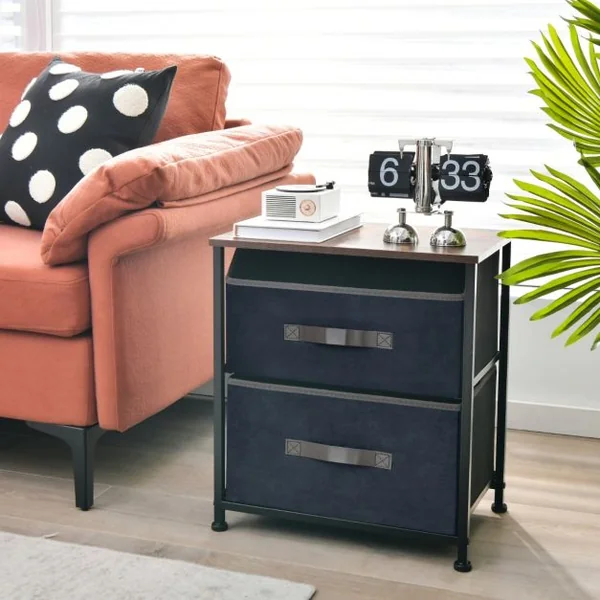 Table de Chevet Industrielle Table de nuit avec 2 Troirs en Tissu Bout de Canapé Cadre Méta pour Chambre Salon Bureau 45 x 30 x 51 cm