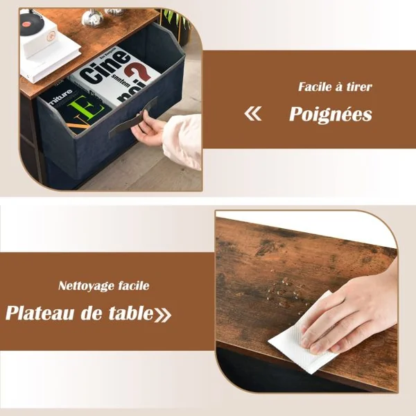 Table de Chevet Industrielle Table de nuit avec 2 Troirs en Tissu Bout de Canapé Cadre Méta pour Chambre Salon Bureau 45 x 30 x 51 cm