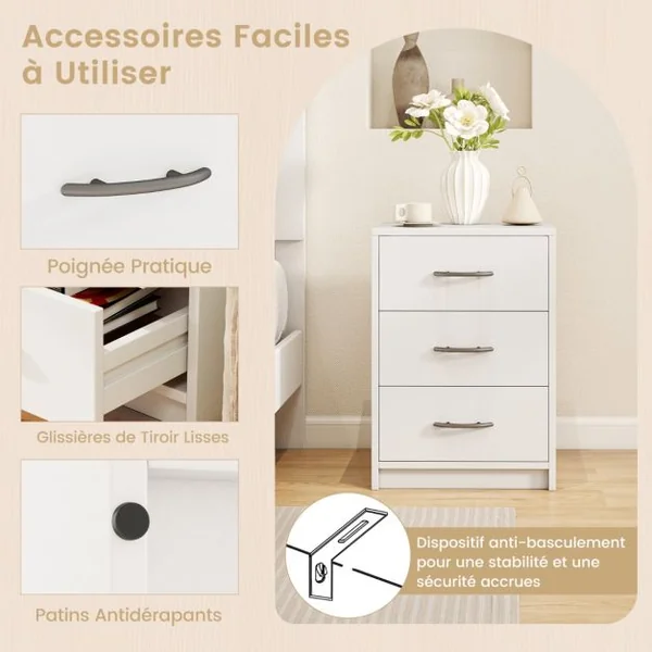 Table de Chevet Moderne avec Rangement Table de Nuit Compacte avec Kit Antibasculement Blanc