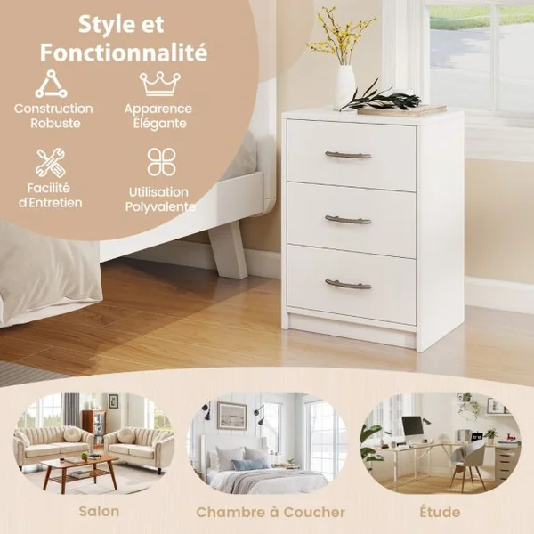 Table de Chevet Moderne avec Rangement Table de Nuit Compacte avec Kit Antibasculement Blanc