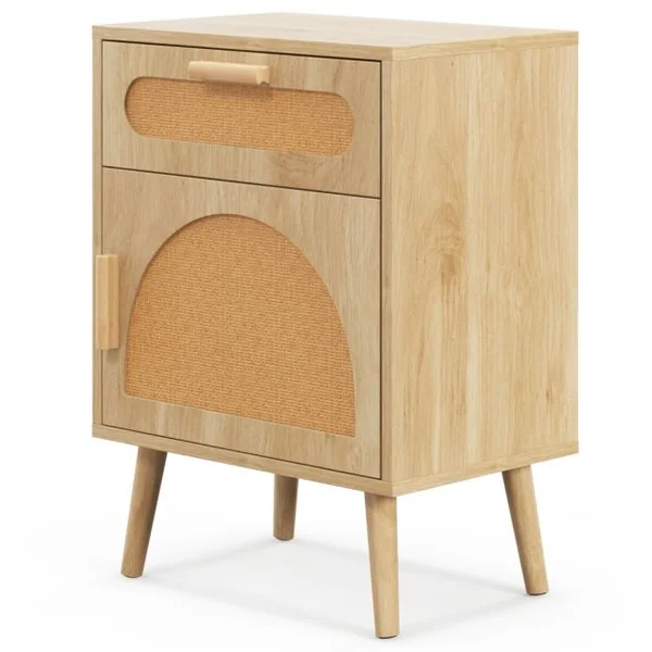 Table de Chevet Moderne Table de Nuit Bohème avec Tiroir de Rangement et Porte Décorés en Rotin avec Pieds en Bois Massif Naturel
