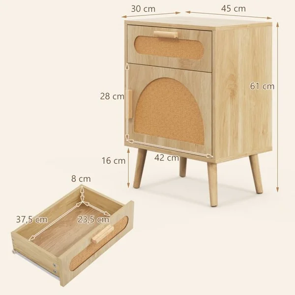 Table de Chevet Moderne Table de Nuit Bohème avec Tiroir de Rangement et Porte Décorés en Rotin avec Pieds en Bois Massif Naturel