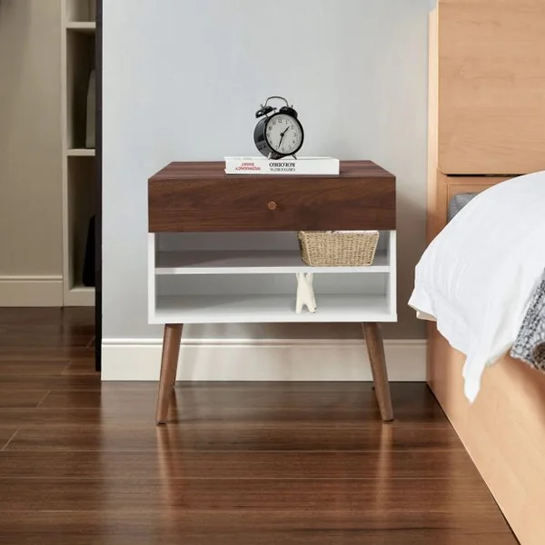 Table de Chevet Scandinave 1 Tiroir et Étagères de Rangement Pieds en Bois d'Hévéa pour Couloir Chambre Salon 60x38x60cm