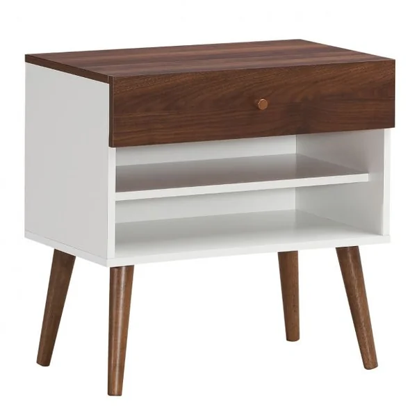 Table de Chevet Scandinave 1 Tiroir et Étagères de Rangement Pieds en Bois d'Hévéa pour Couloir Chambre Salon 60x38x60cm