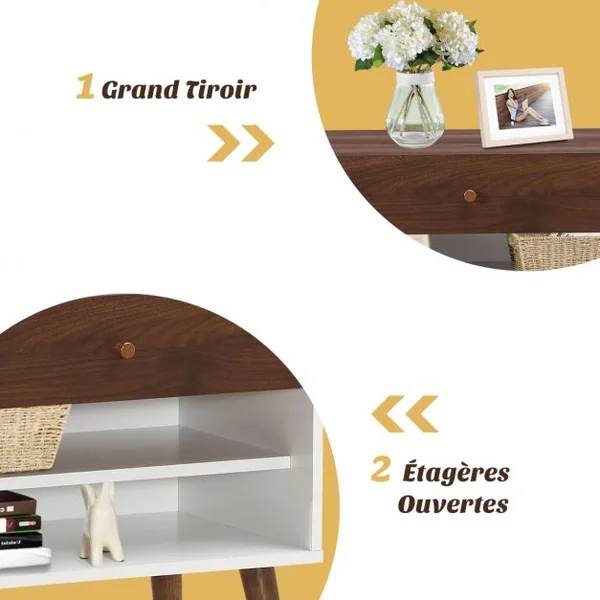 Table de Chevet Scandinave 1 Tiroir et Étagères de Rangement Pieds en Bois d'Hévéa pour Couloir Chambre Salon 60x38x60cm