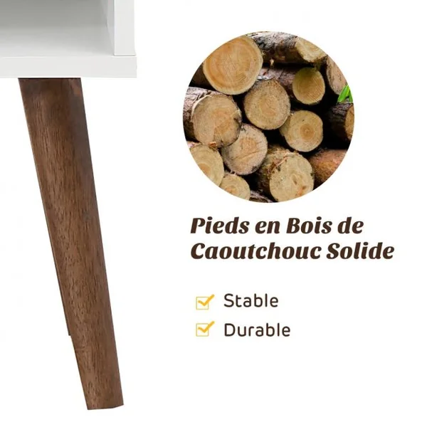 Table de Chevet Scandinave 1 Tiroir et Étagères de Rangement Pieds en Bois d'Hévéa pour Couloir Chambre Salon 60x38x60cm