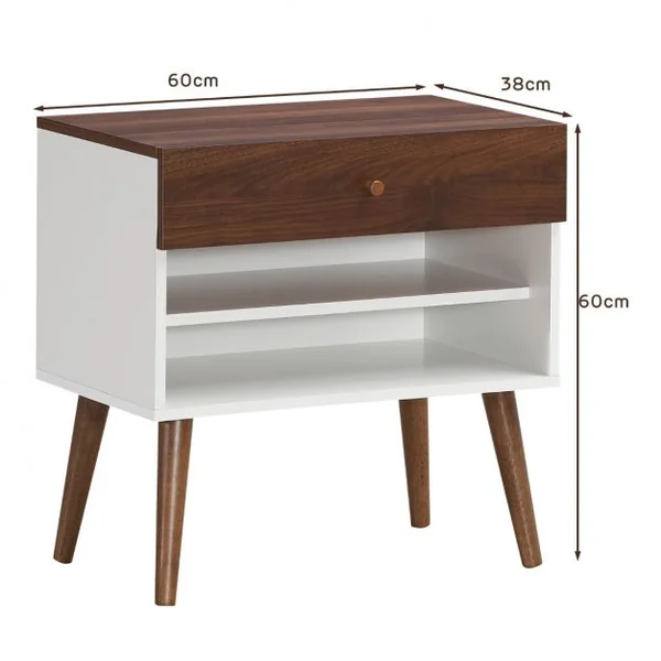 Table de Chevet Scandinave 1 Tiroir et Étagères de Rangement Pieds en Bois d'Hévéa pour Couloir Chambre Salon 60x38x60cm