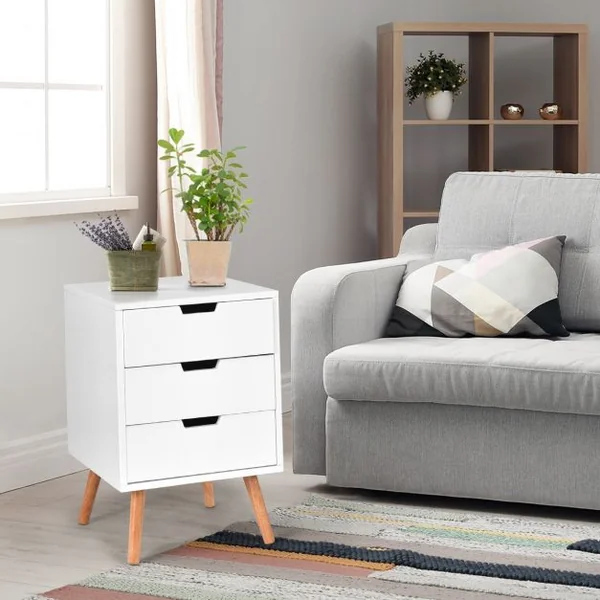 Table de Chevet Scandinave à 3 Tiroirs de Rangement Table de Nuit Capacité 25 Kg en Chêne et Mdf 40x40x60cm Blanc