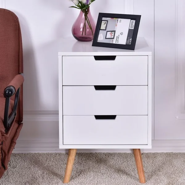 Table de Chevet Scandinave à 3 Tiroirs de Rangement Table de Nuit Capacité 25 Kg en Chêne et Mdf 40x40x60cm Blanc