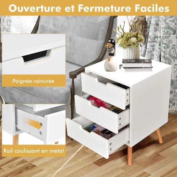 Table de Chevet Scandinave à 3 Tiroirs de Rangement Table de Nuit Capacité 25 Kg en Chêne et Mdf 40x40x60cm Blanc