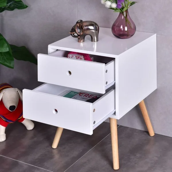 Table de Chevet Style Scandinave avec 2 Tiroirs pour Chambre Table D’appoint pour Salon en MDF 40x40x56cm Blanc