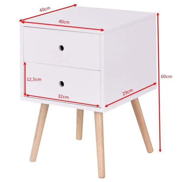 Table de Chevet Style Scandinave avec 2 Tiroirs pour Chambre Table D’appoint pour Salon en MDF 40x40x56cm Blanc